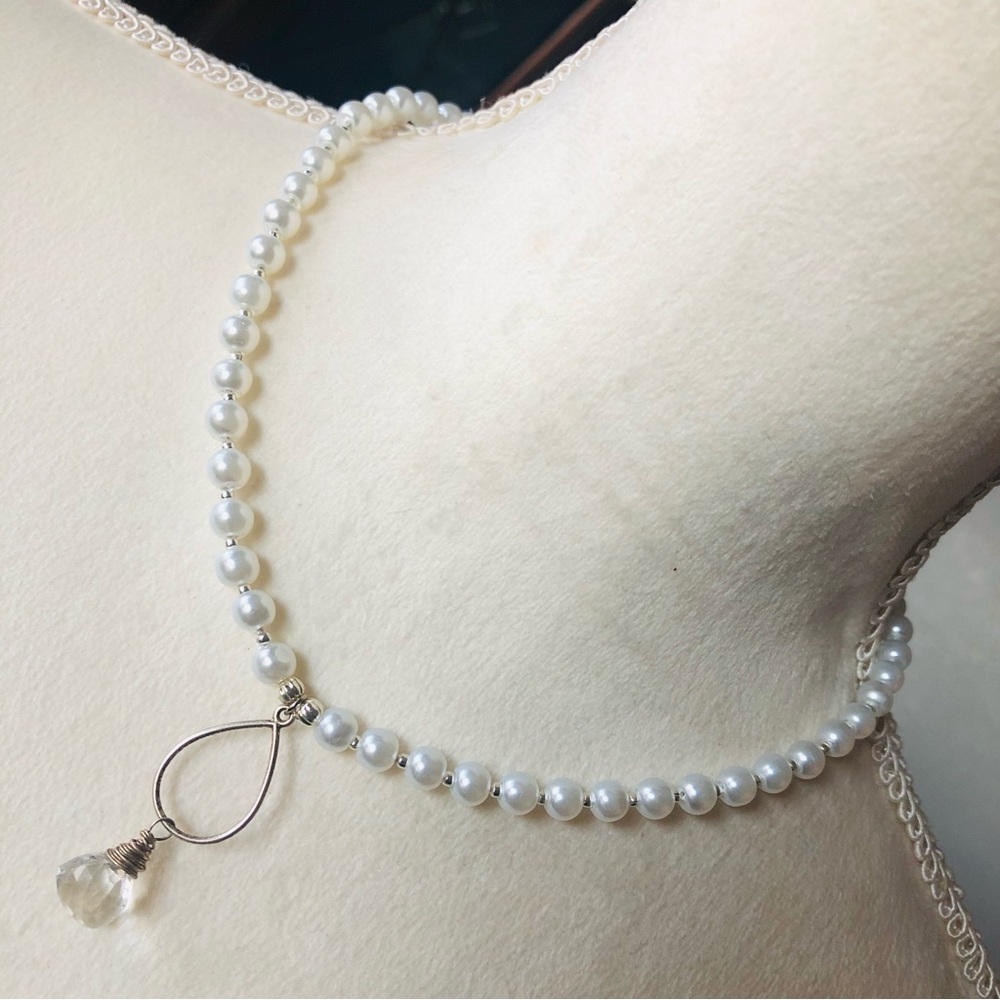 Handcrafted repurpose triangle facet crystal pendant Czech glass Pearl necklace